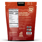 The back Dr. Murray Natural Products plant-based protein pumpkin spice powder pouch, showing the nutrition facts panel, ingredients description, and certification logos.