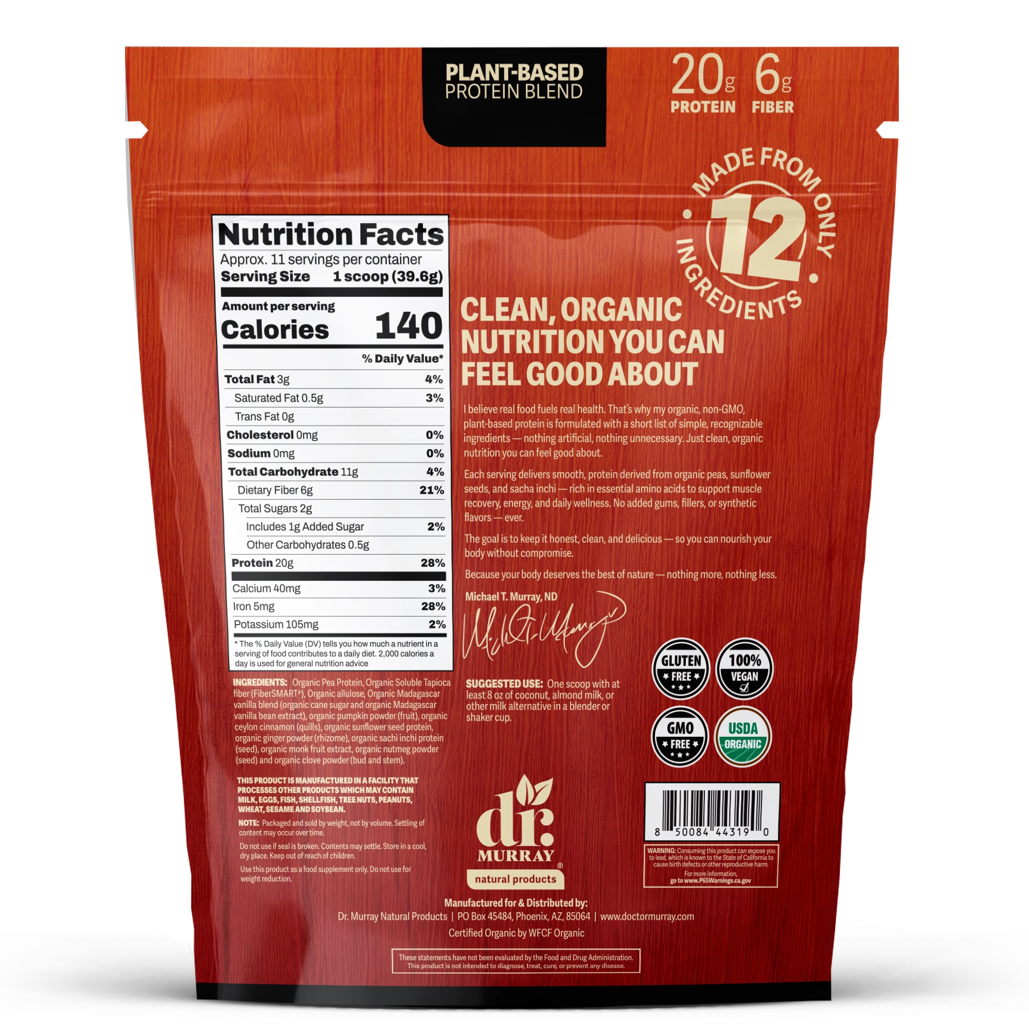 The back Dr. Murray Natural Products plant-based protein pumpkin spice powder pouch, showing the nutrition facts panel, ingredients description, and certification logos.