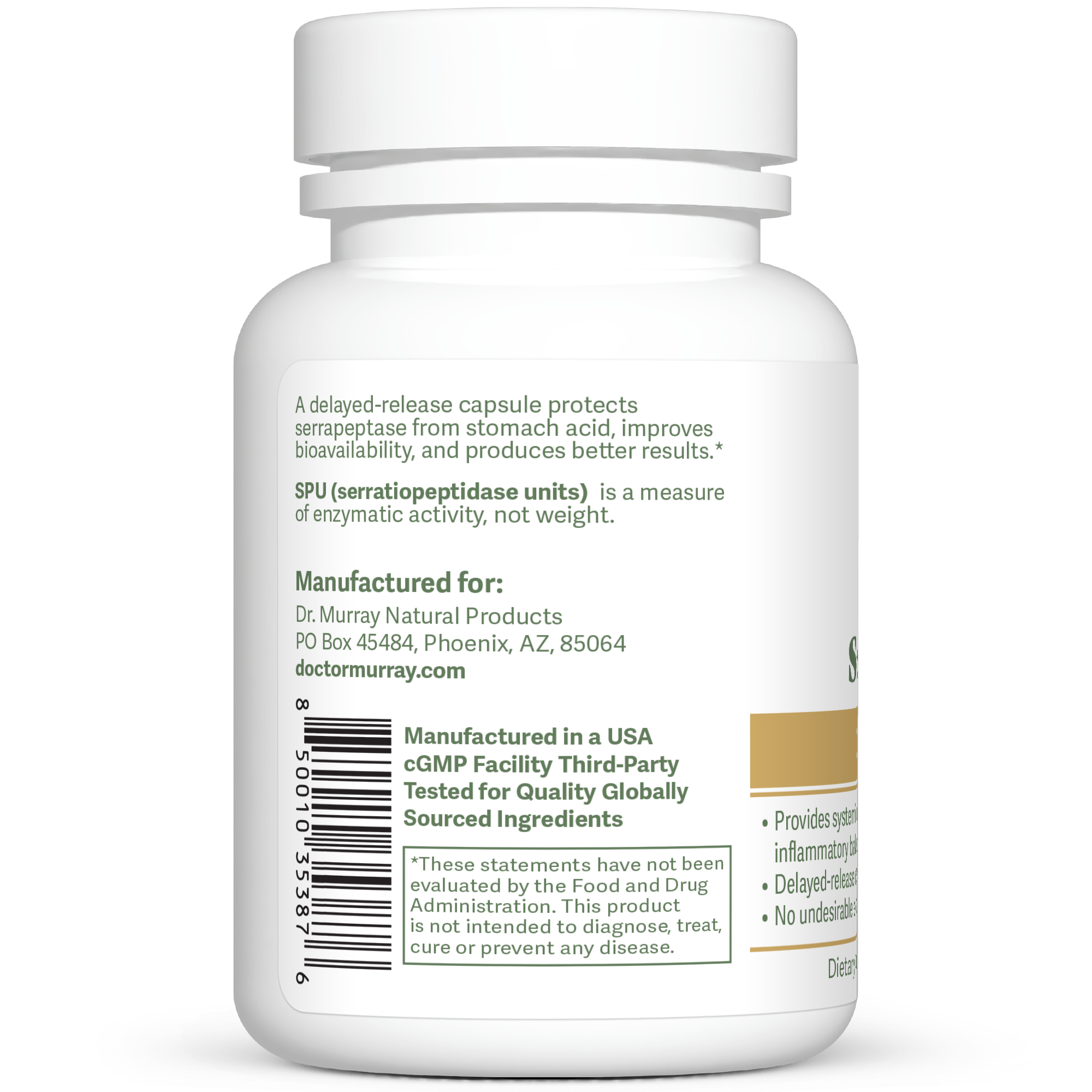 Dr. Murray's Ultra Clean Serrapeptase Clinical Strength - 30 Vegan Capsules count bottle left-side view with directions label visible