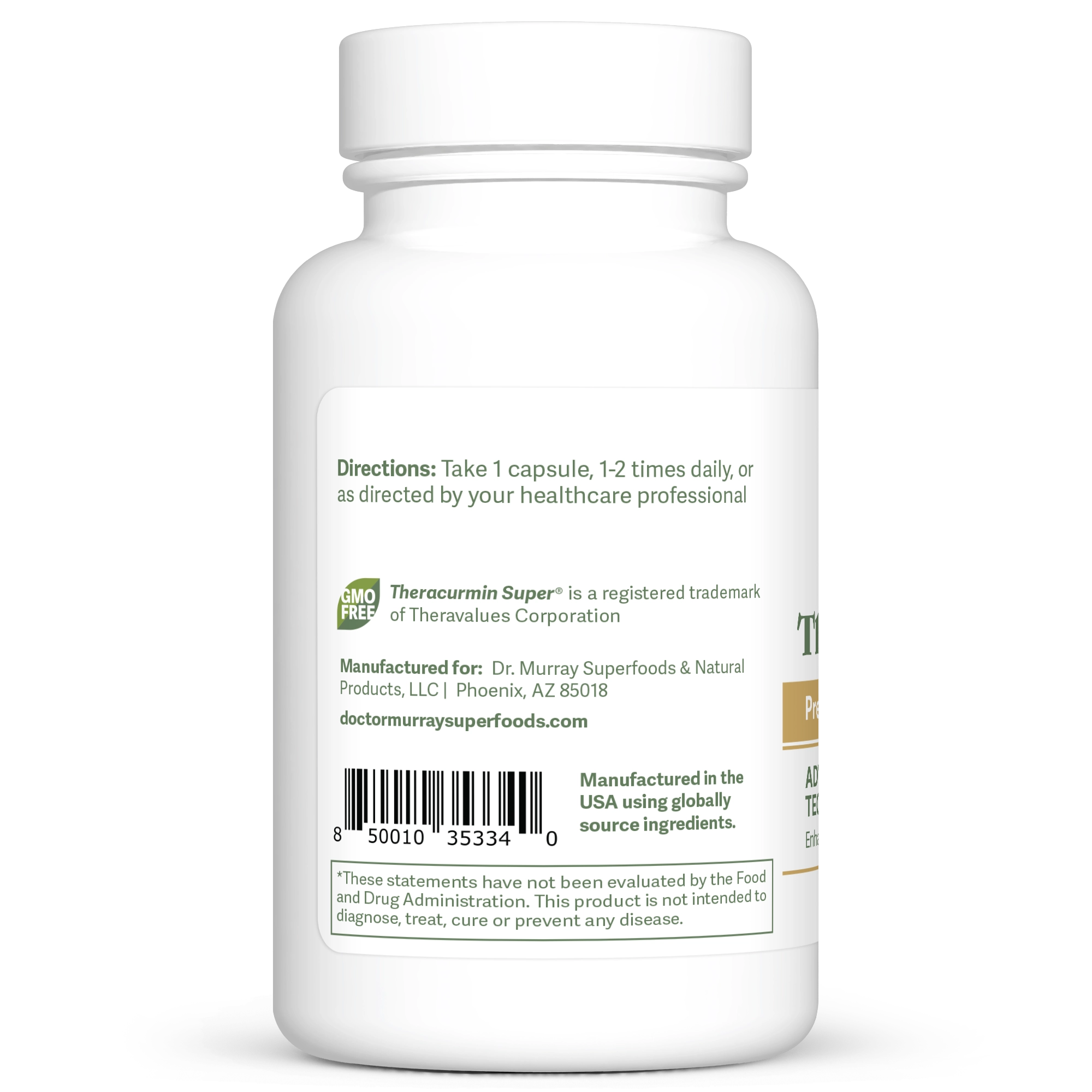 Dr. Murray's Theracurmin Super® Clinical Strength Curcumin, 60 Vegan Capsules count bottle left-side view with directions and label visible