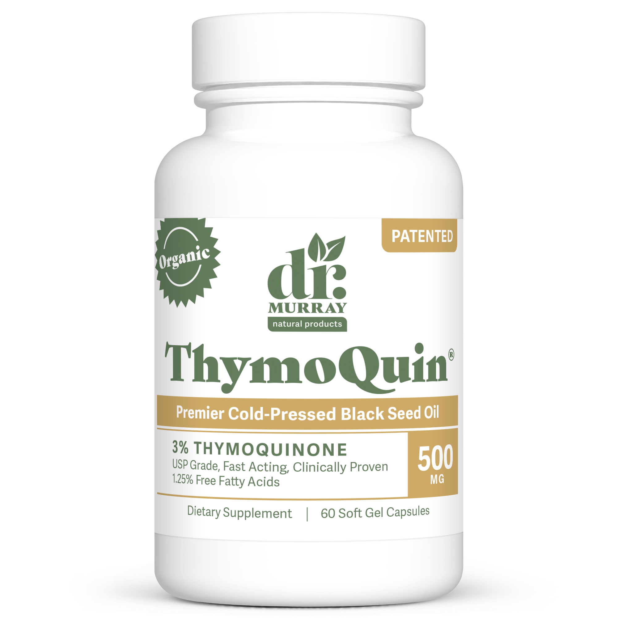 Dr. Murray’s ThymoQuin Organic Black Seed Oil softgel capsules – 60 count bottle front view