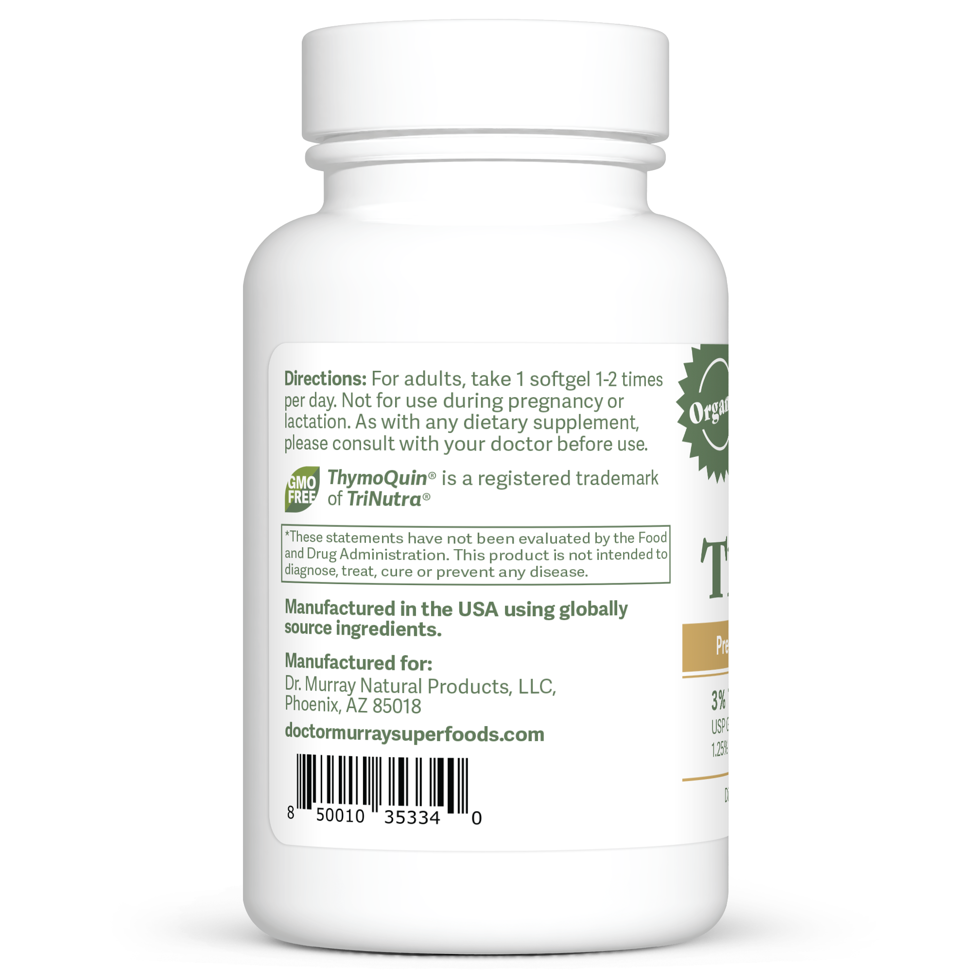 Dr. Murray’s ThymoQuin Organic Black Seed Oil softgel capsules – 60 count bottle left-side view with directions label visible