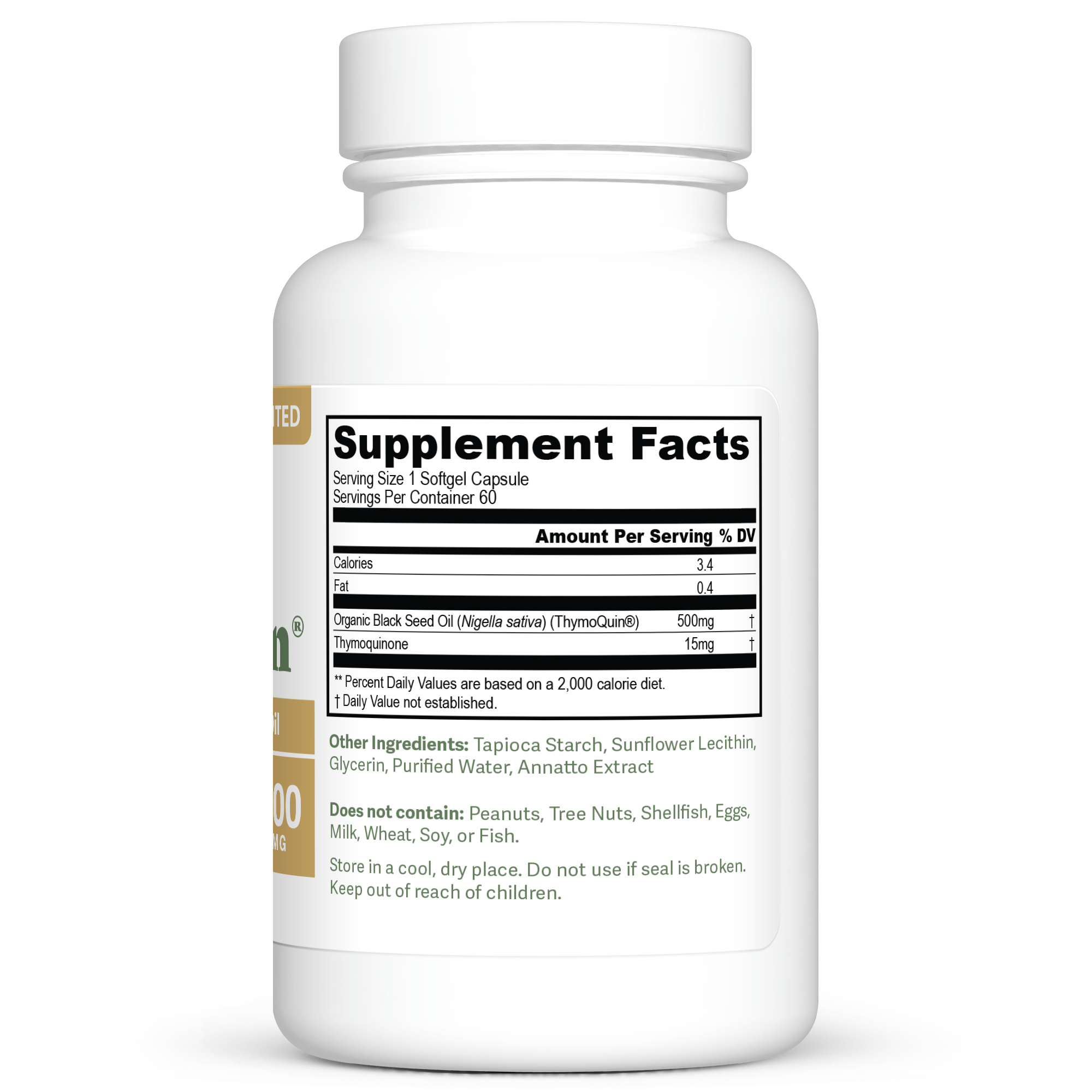 Dr. Murray’s ThymoQuin Organic Black Seed Oil softgel capsules – 60 count bottle right-side view with supplement facts label visible