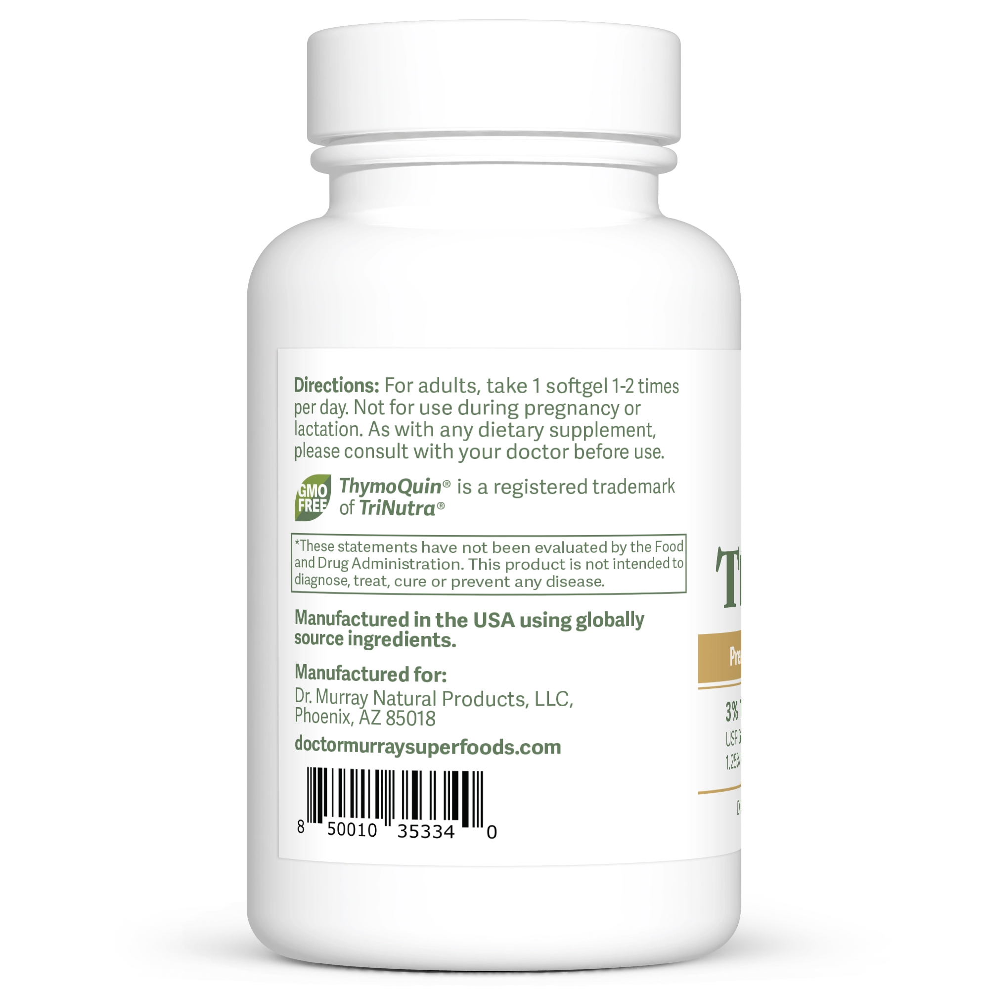 Dr. Murray’s ThymoQuin Black Seed Oil softgel capsules – 60 count bottle left-side view with directions label visible