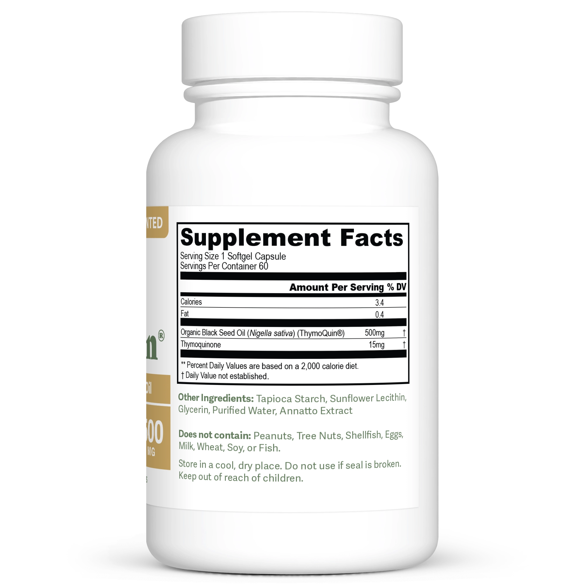 Dr. Murray’s ThymoQuin Black Seed Oil softgel capsules – 60 count bottle right-side view with supplement facts label visible