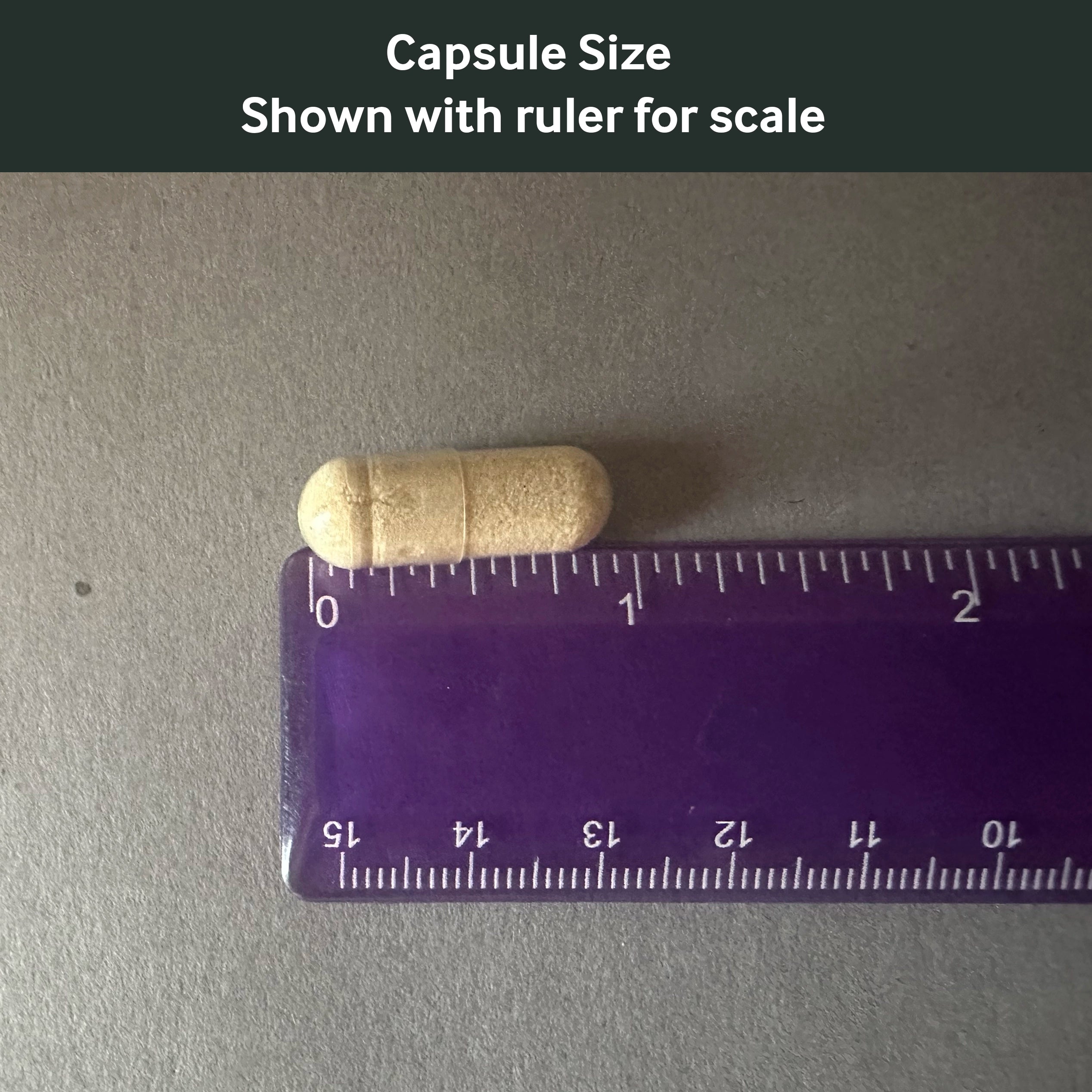 Dr. Murray's Ultimate Liver capsule size shown with a ruler for scale on a gray background