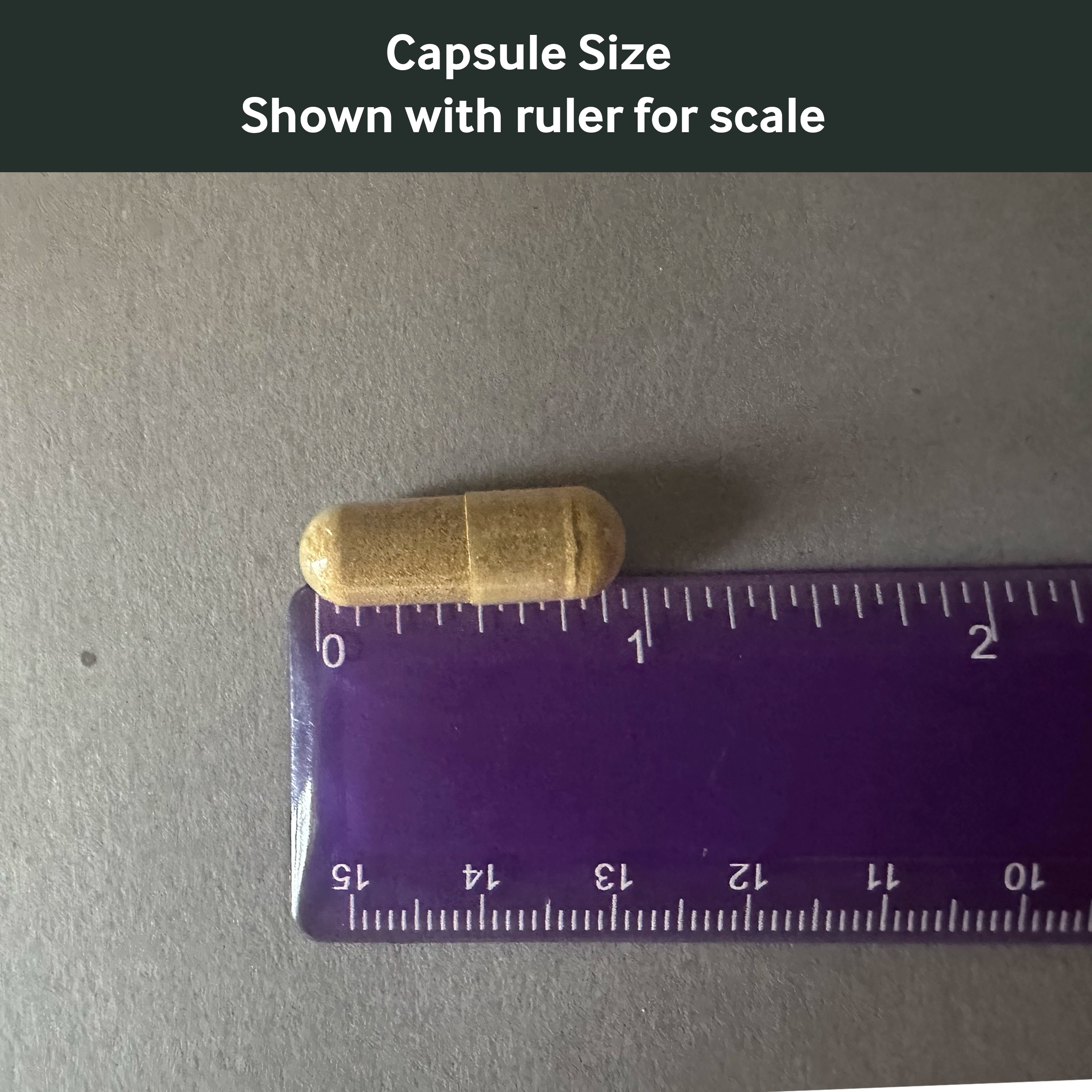 Dr. Murray's Ultimate Metabolic capsule size shown with a ruler for scale on a gray background
