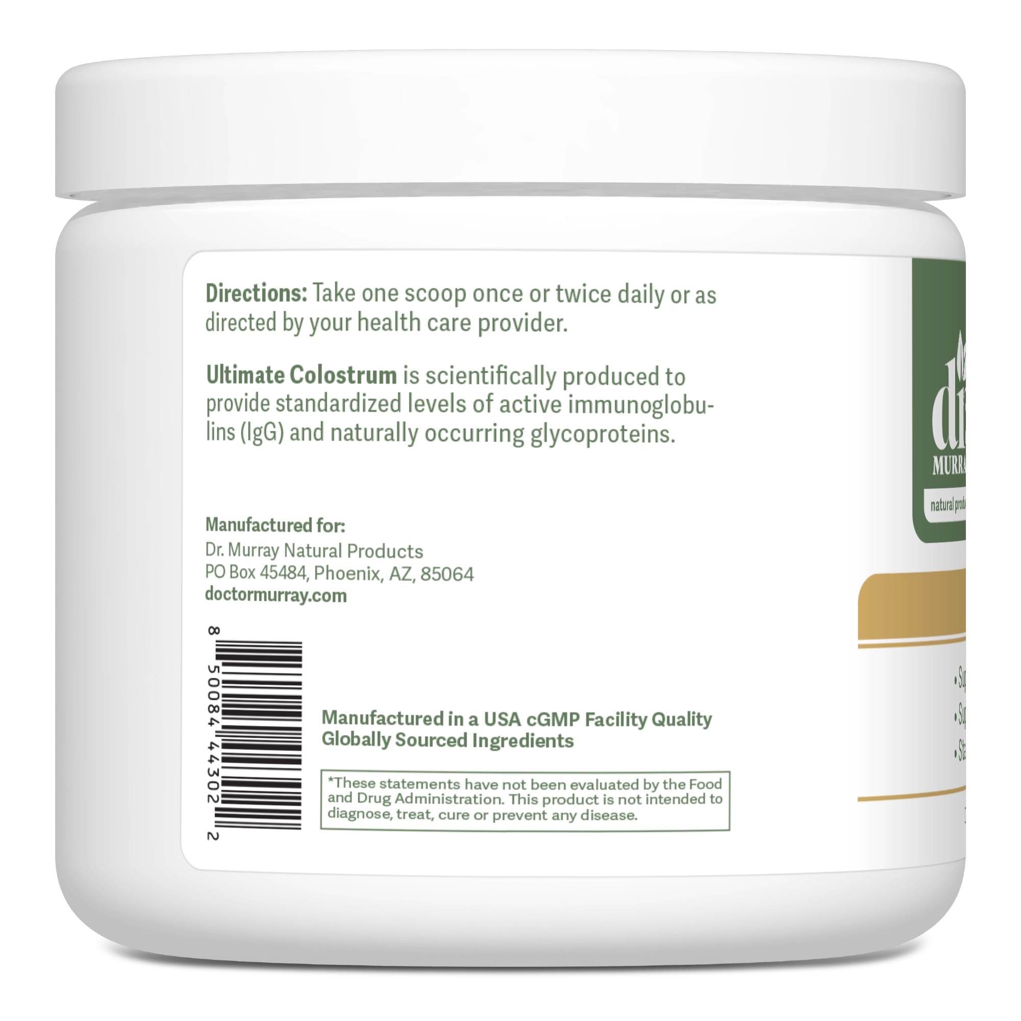 Dr. Murray's Ultimate Colostrum, Clinical Strength, bottle left showing directions, manufacturer details, and barcode.