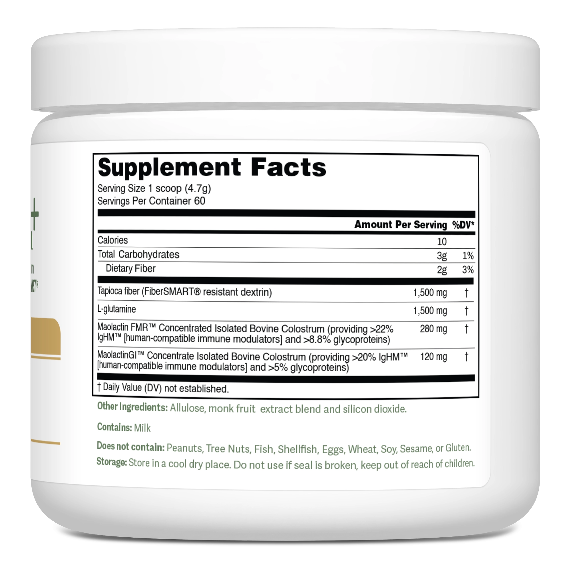 Dr. Murray's Ultimate Colostrum, Clinical Strength, bottle right, showing Supplement Facts, and other ingredients.