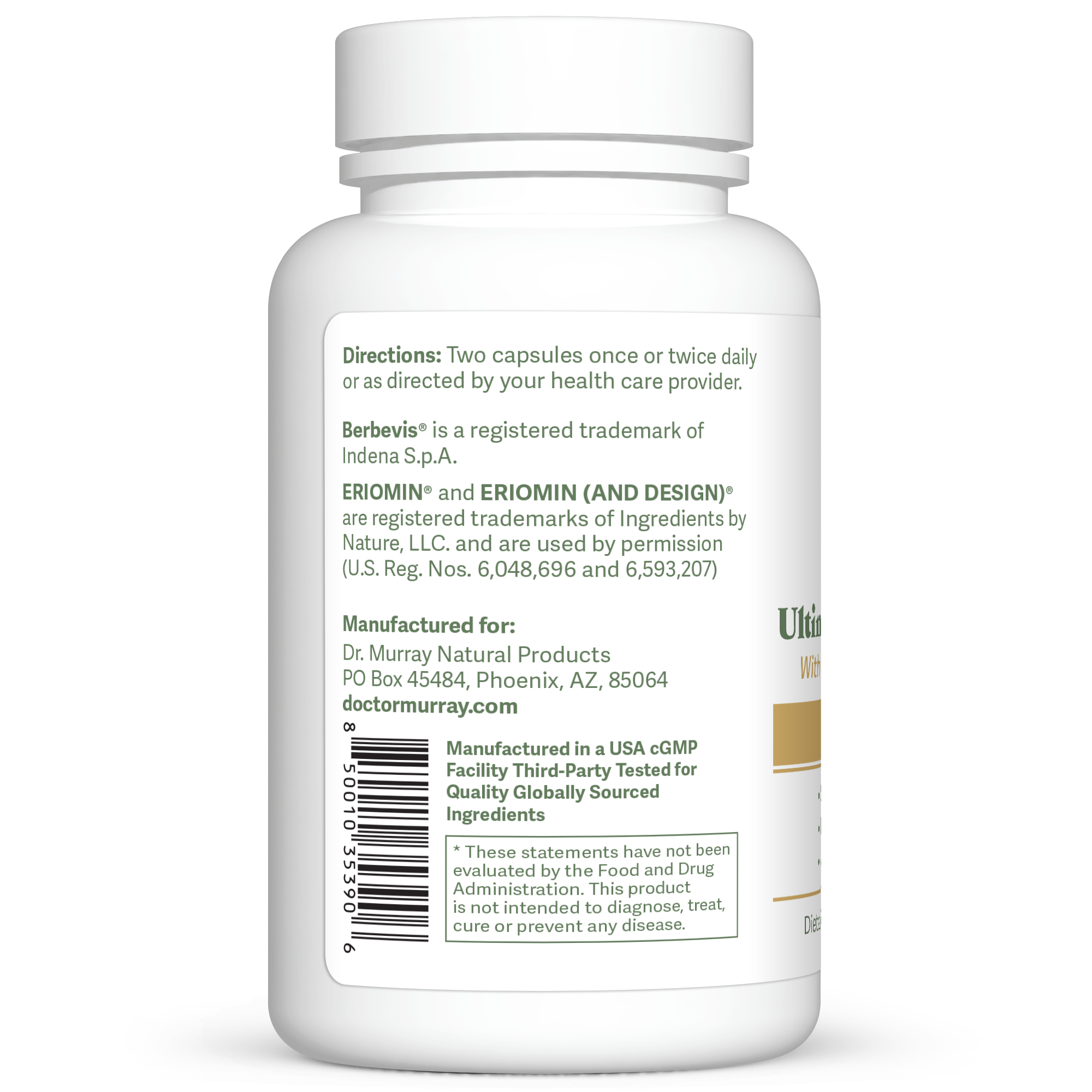
Dr. Murray's Ultimate Metabolic Health - 120 Vegan Capsules count bottle left-side view with directions label visible
