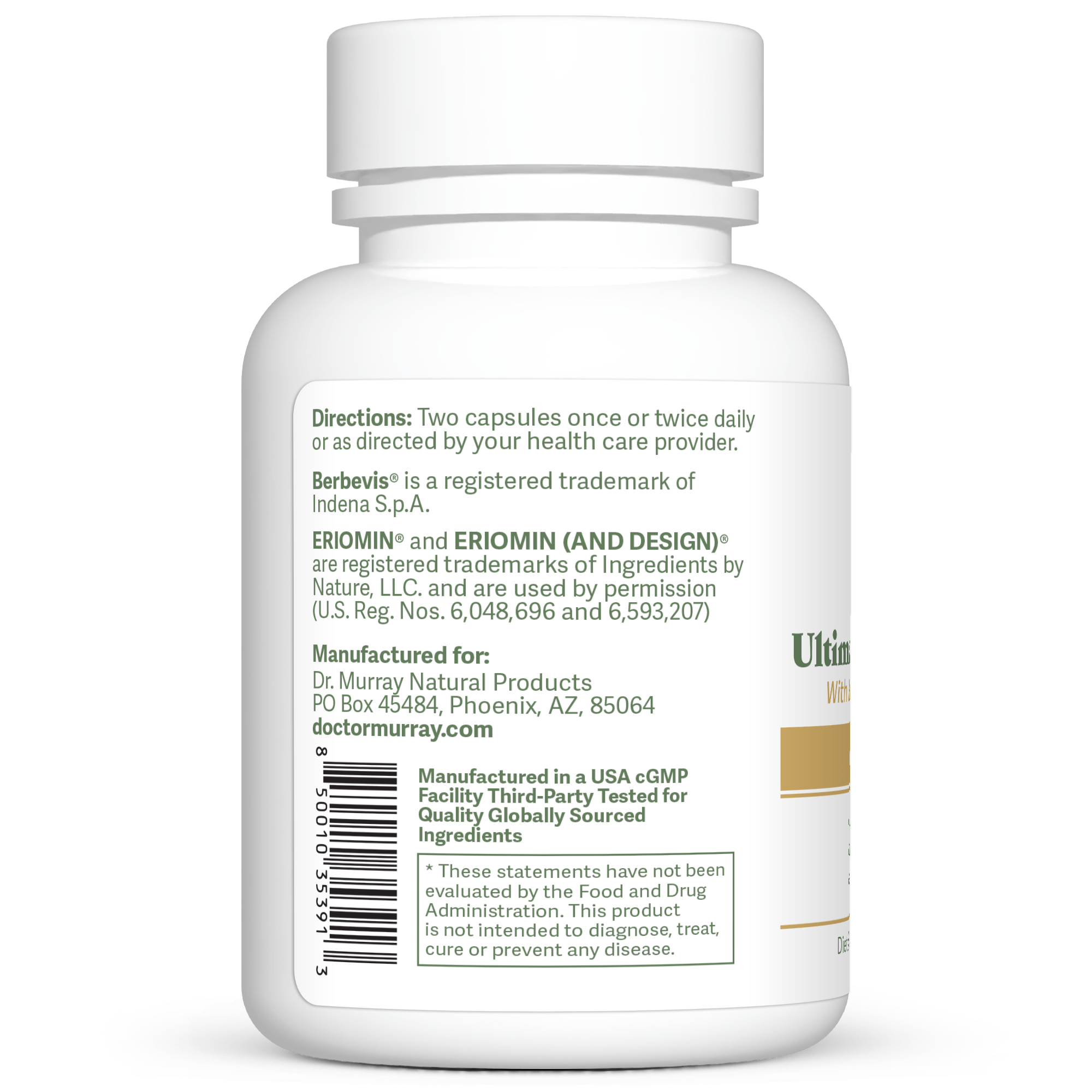Dr. Murray's Ultimate Metabolic Health - 60 Vegan Capsules count bottle left-side view with directions label visible