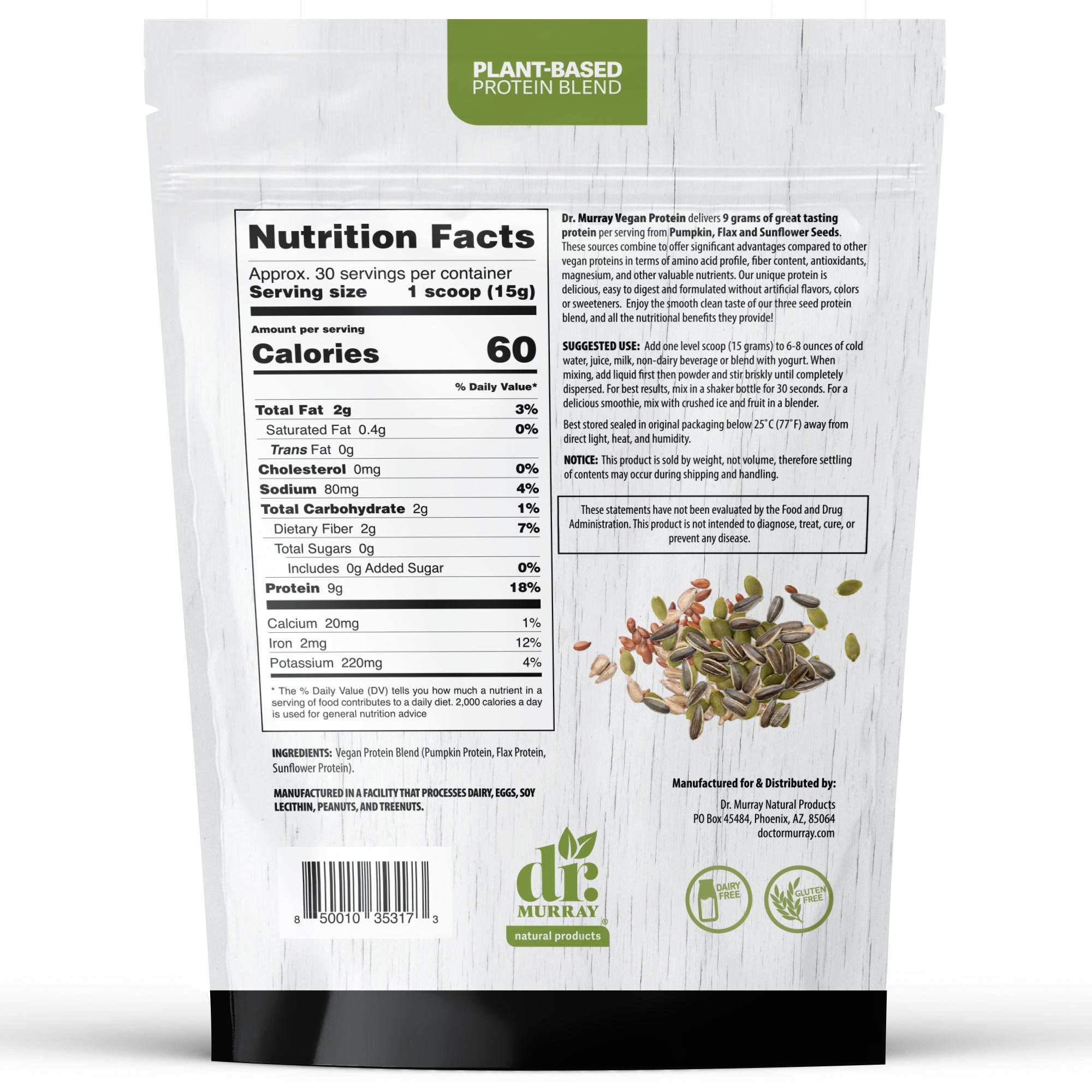 Dr. Murray's Super Foods 3 Seed Protein Powder Unflavored - 16 oz package back view with nutrition facts