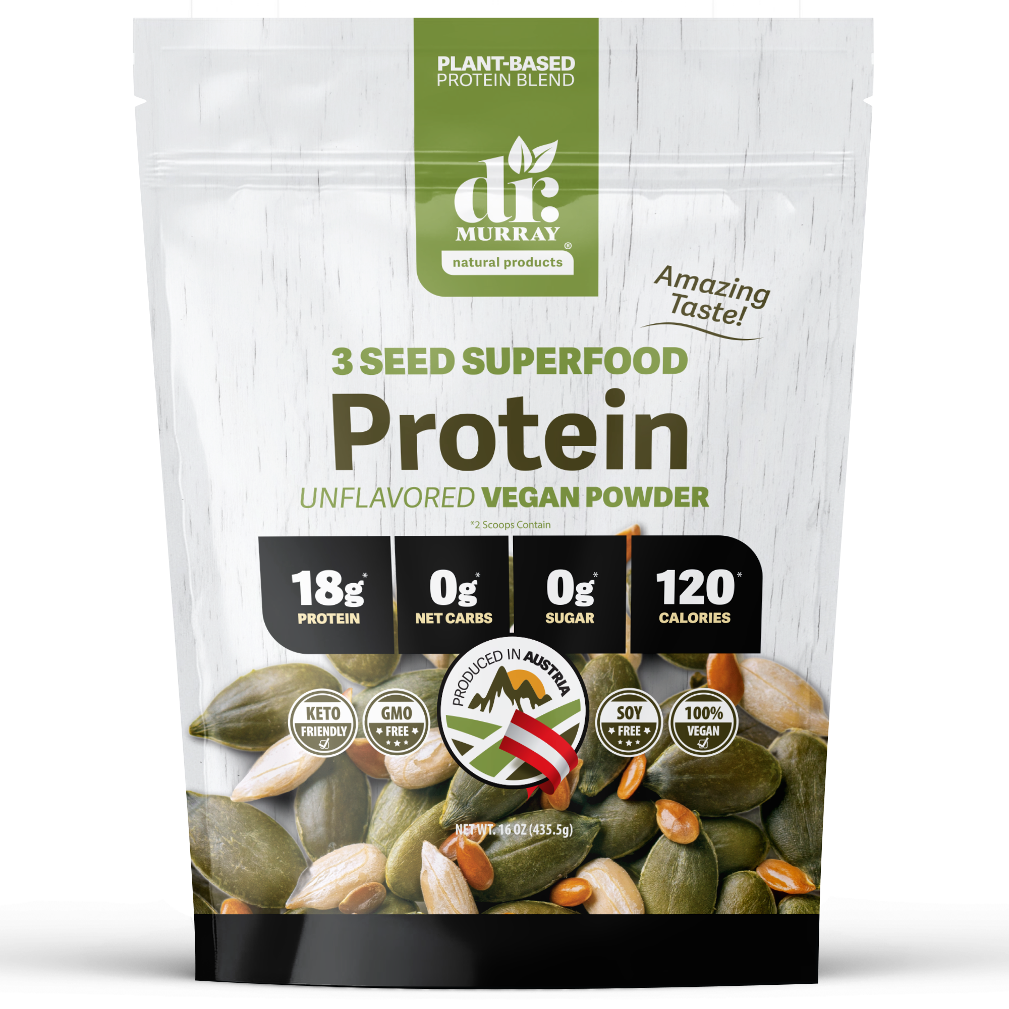 Dr. Murray's Super Foods 3 Seed Protein Powder Unflavored - 16 oz package front view