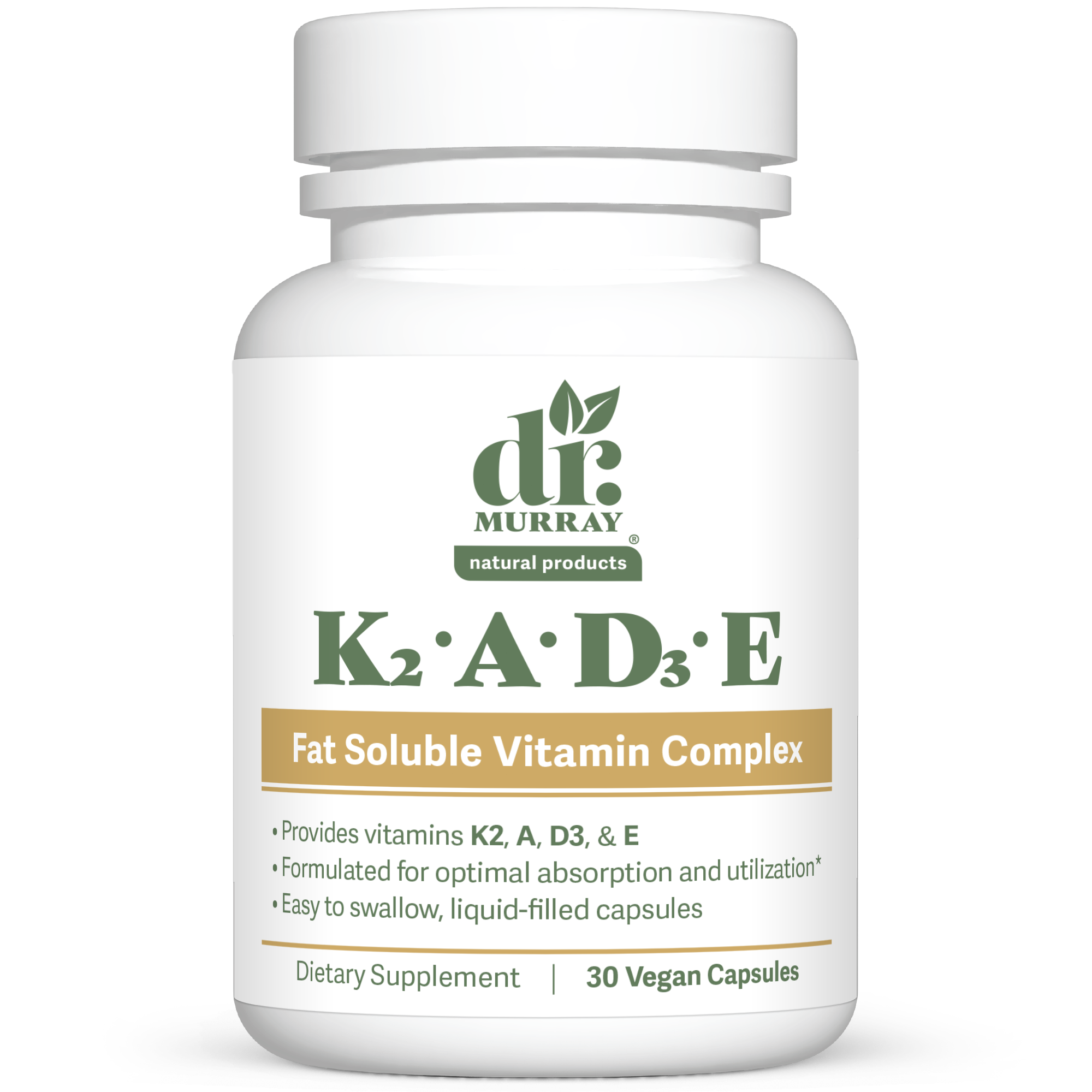 Dr. Murray's Vitamin K2, A, D3, E Liquid - 30 vegan capsules count bottle front view