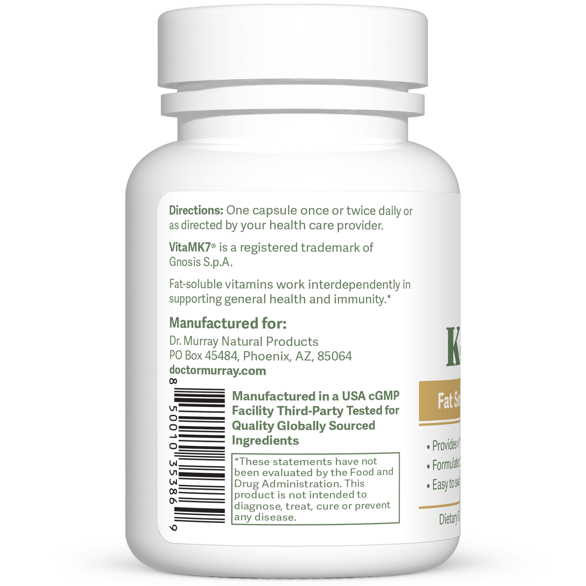 Dr. Murray's Vitamin K2, A, D3, E Liquid - 30 vegan capsules count bottle left-side view with directions label visible