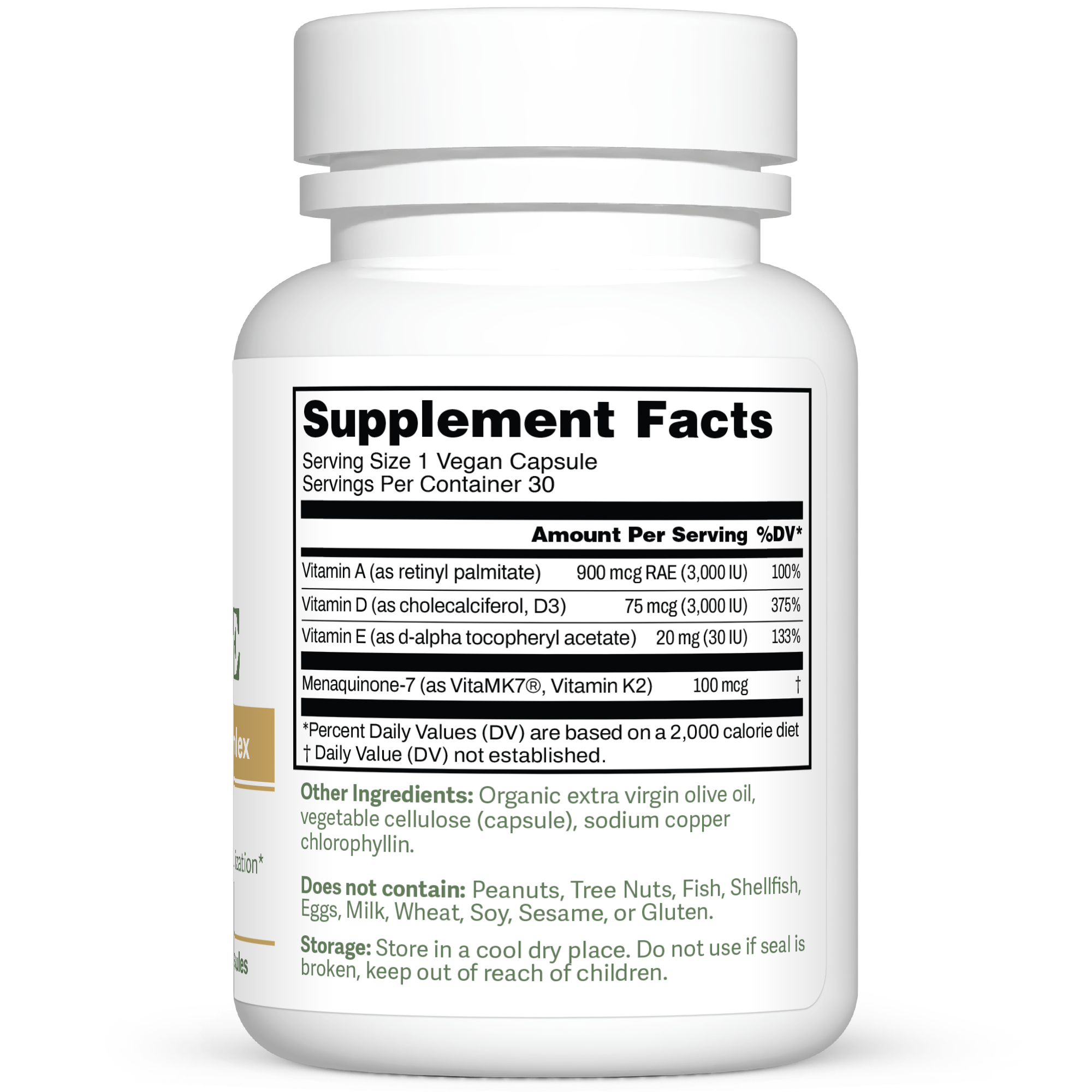 Dr. Murray's Vitamin K2, A, D3, E Liquid - 30 vegan capsules count bottle right-side view with supplement facts label visible