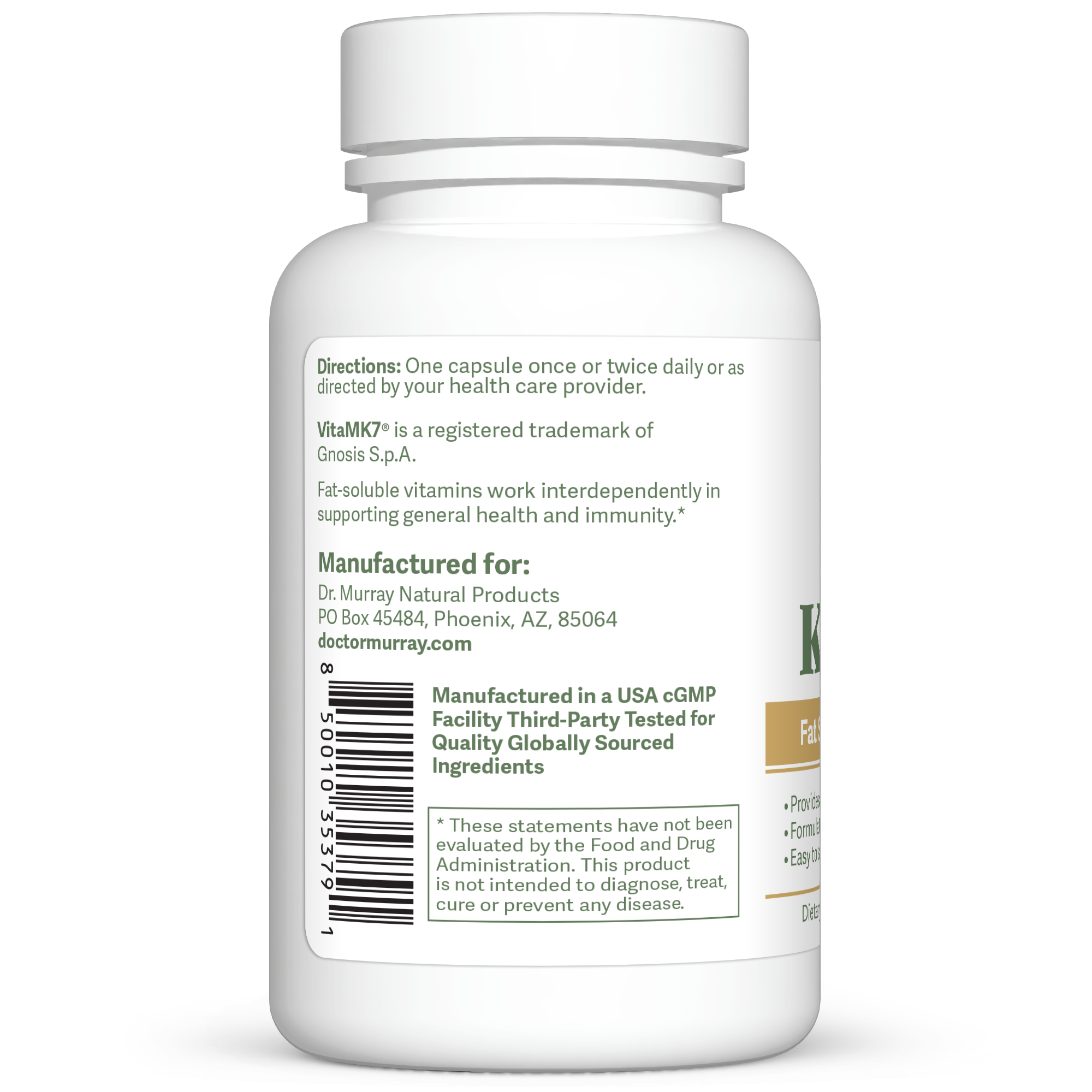 Dr. Murray's Vitamin K2, A, D3, E Liquid - 60 vegan capsules count bottle left-side view with directions label visible