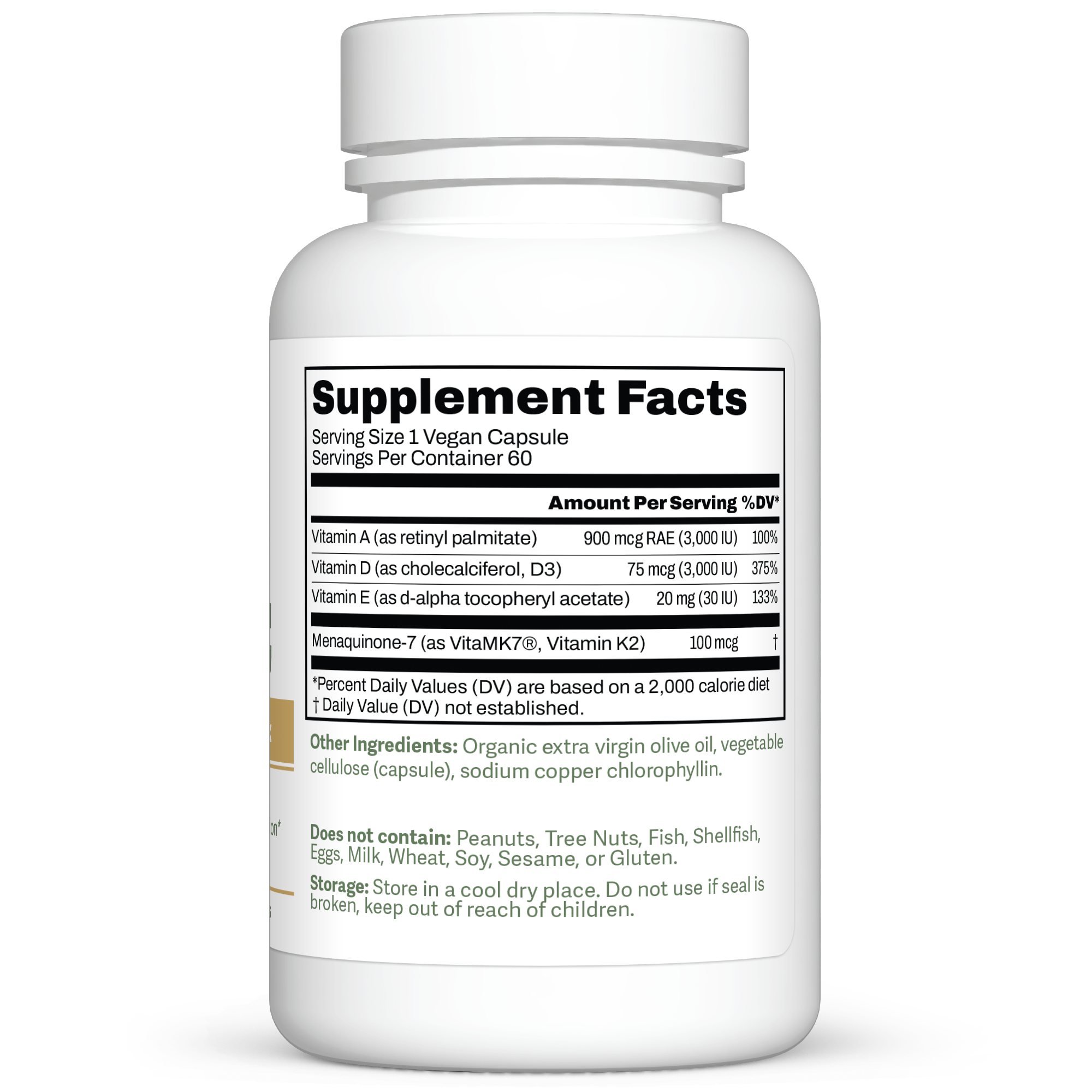 Dr. Murray's Vitamin K2, A, D3, E Liquid - 60 vegan capsules count bottle right-side view with supplement facts label visible