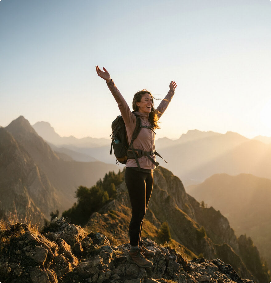 Person with a backpack standing on a mountain top with arms raised, surrounded by scenic mountains.