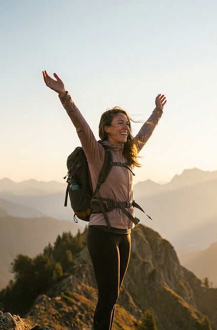 Person with a backpack standing on a mountain top with arms raised, enjoying the view.