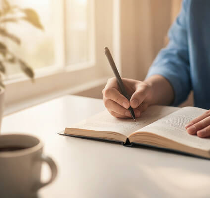 Person writing in a notebook with a cup of coffee on a table