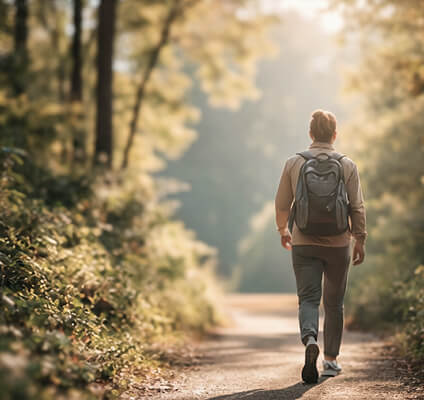 Person walking on a path in a forest with sunlight filtering through the trees