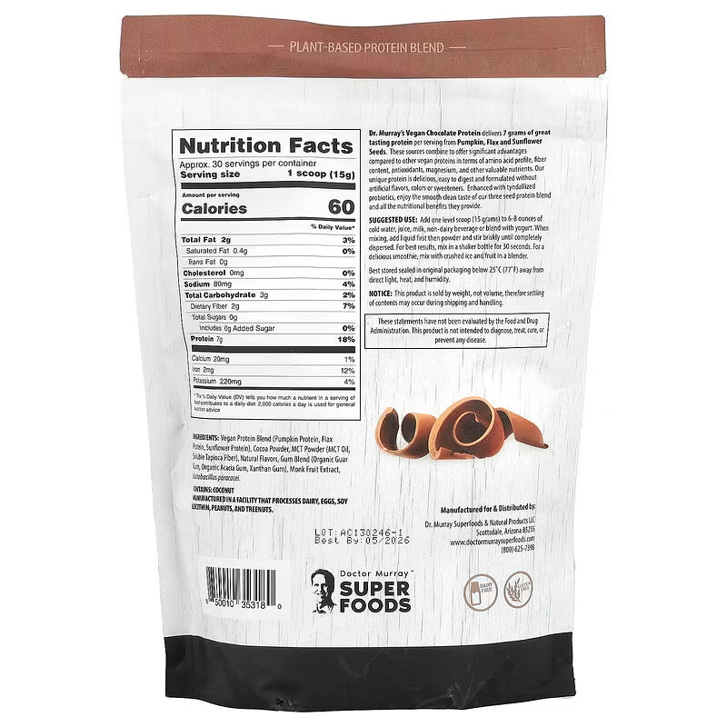 Dr. Murray's Super Foods 3 Seed Protein Powder Chocolate - 16 oz package back view with nutrition facts