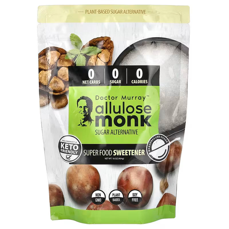 Packaging of Doctor Murray Allulose Monk sugar alternative with nuts and coconut on a white background