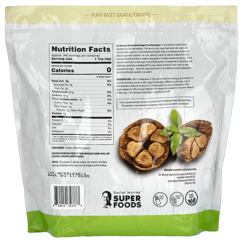 
Dr. Murray's Allulose Monk Sugar Alternative Plant Based - 16 oz package back view with supplement facts label visible