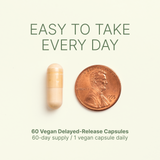 Dr. Murray DIM Bioperine delayed-release capsule is shown next to a U.S. penny for size comparison