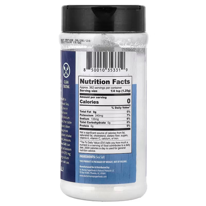 Dr. Murray's Ideal Sea Salt - 16 oz, 453.5 g bottle back view with nutrition facts label visible