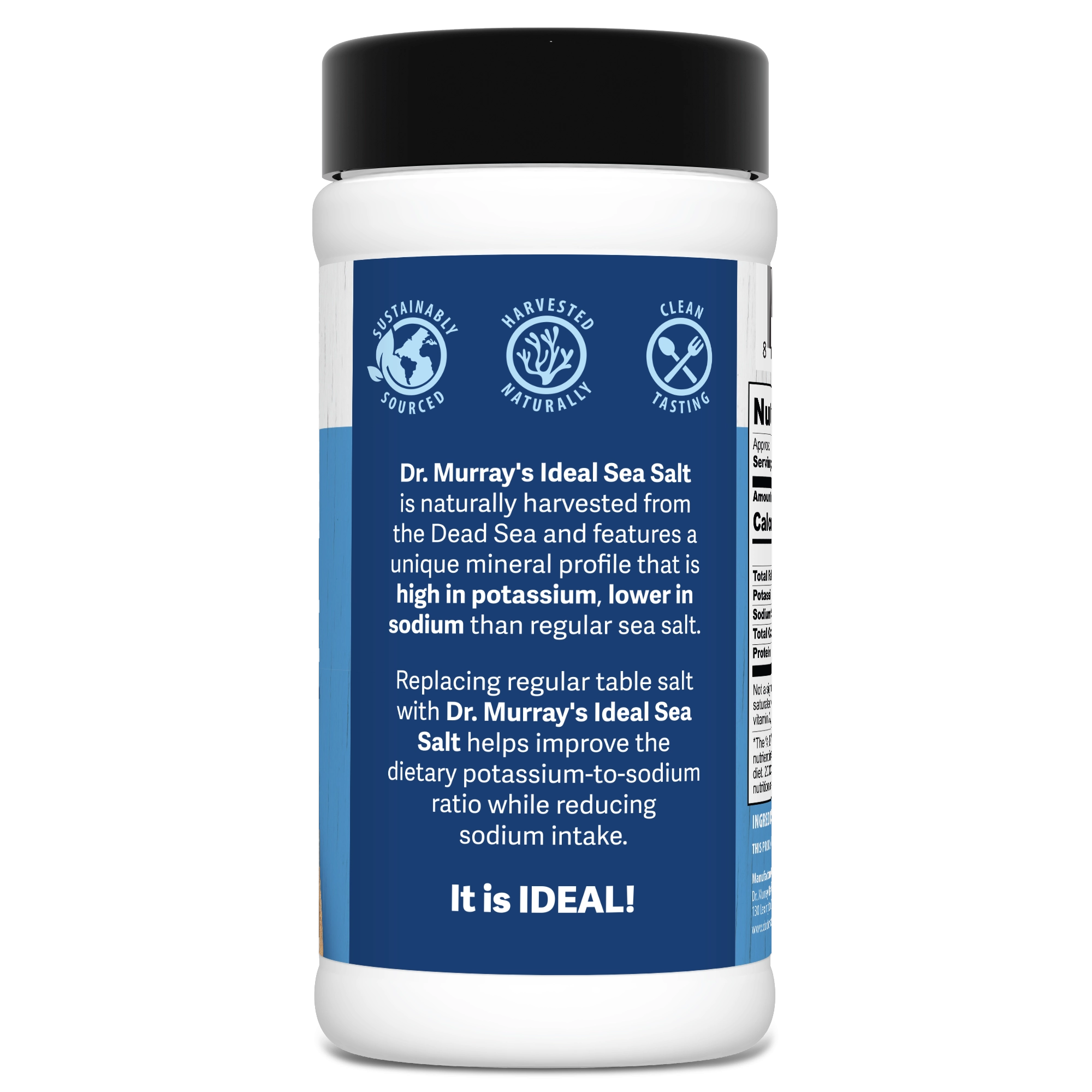 Dr. Murray's Ideal Sea Salt - 16 oz, 453.5 g bottle left view showing icons and harvesting info