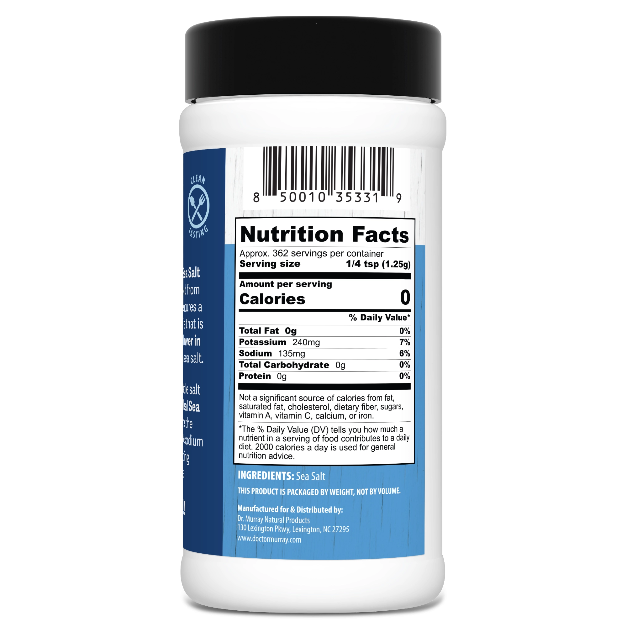 Dr. Murray's Ideal Sea Salt - 16 oz, 453.5 g bottle back view with nutrition facts label visible