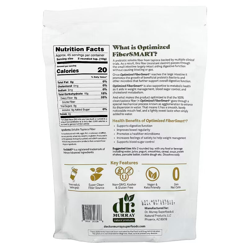 Dr. Murray's Prebiotic Optimized FiberSMART Soluble Tapioca Fiber - 16 oz (454 g) package back view with nutrition facts