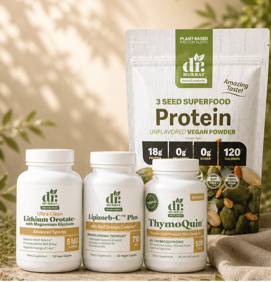 Dr. Murray Natural Products including protein powder, vitamins, and minerals on a wooden surface with a natural background.
