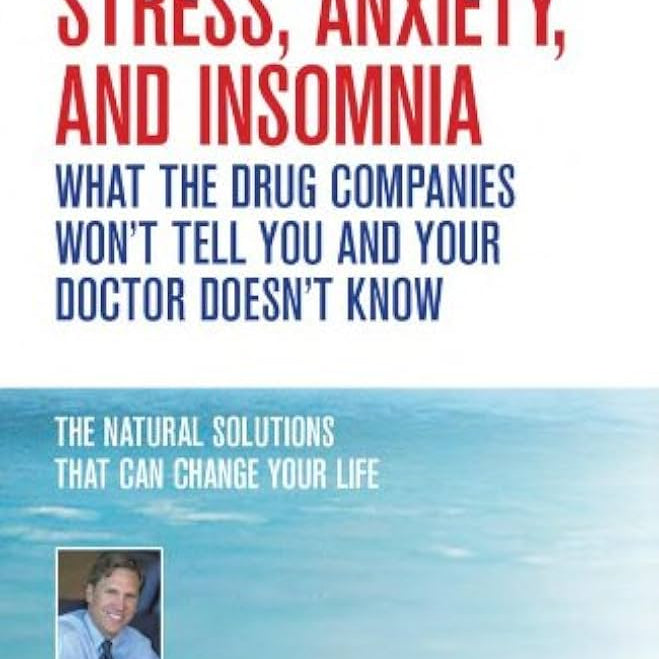 Dr. Murray book cover of 'Stress, Anxiety, and Insomnia' with a blue gradient background and a photo of a man.