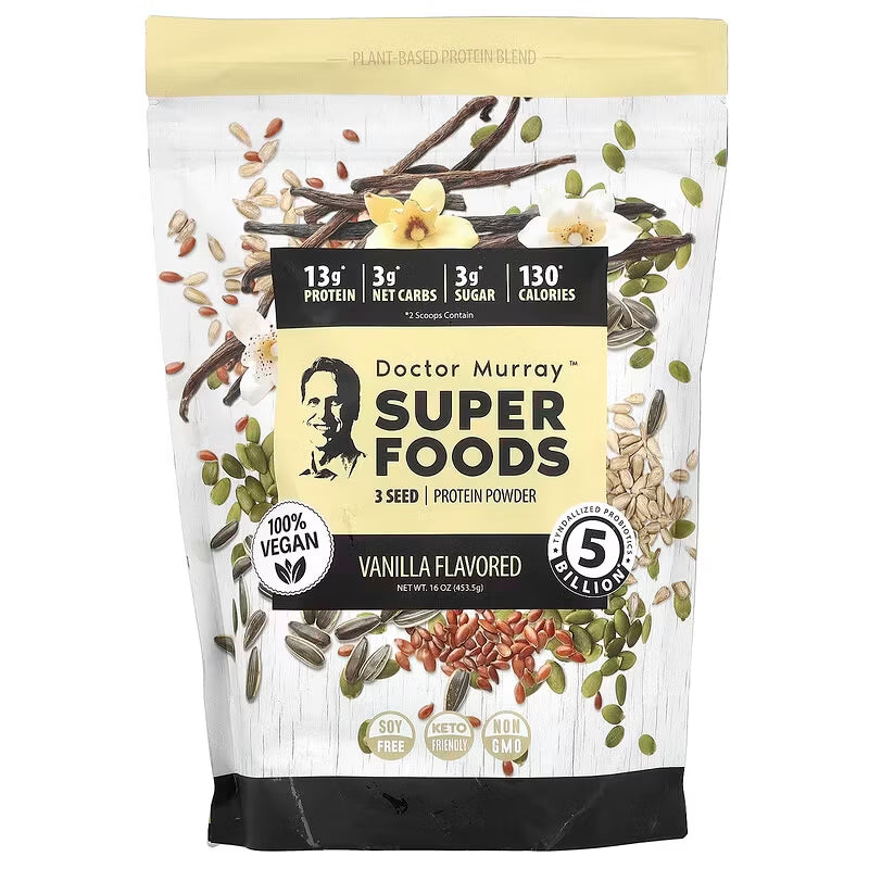Dr. Murray's Super Foods 3 Seed Protein Powder Vanilla - 16 oz package front view