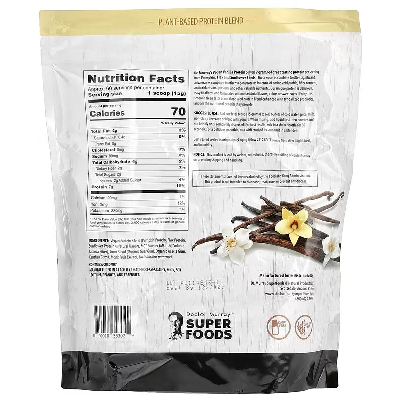 Dr. Murray's Super Foods 3 Seed Protein Powder Vanilla - 2 lb package back view with nutrition facts