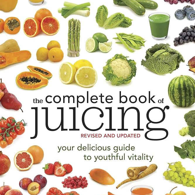 Dr. Murray book cover of 'The Complete Book of Juicing' with images of fruits, vegetables, and juices.
