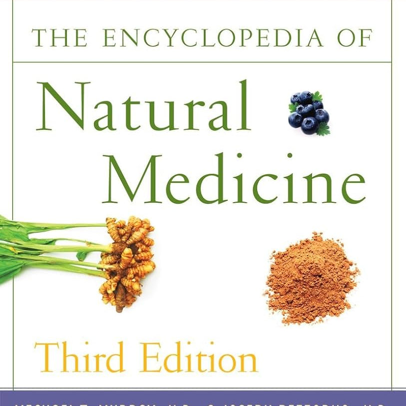 Dr. Murray book cover of 'The Encyclopedia of Natural Medicine' with images of plants and a blueberry.