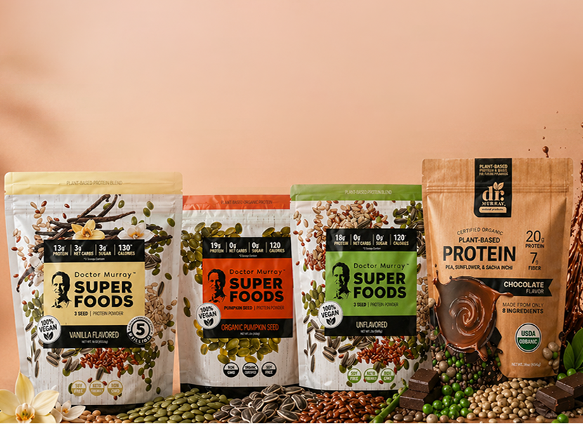 Four packages of Doctor Murray's Super Foods on a peach background