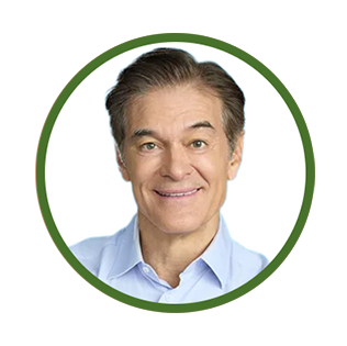 Circular portrait of Dr. Oz in a light blue shirt, with a green border on a white background
