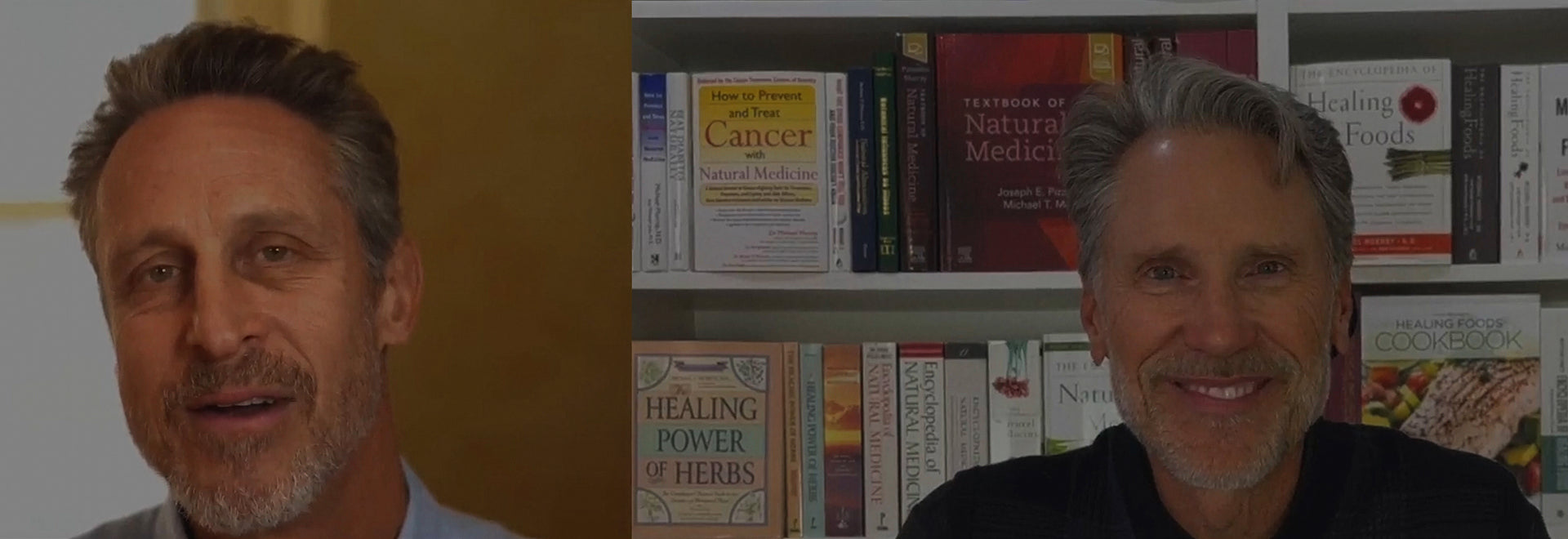 Dr. Michael Murray and Dr. Mark Hyman side by side, one with a neutral expression and the other smiling, against a bookshelf background.