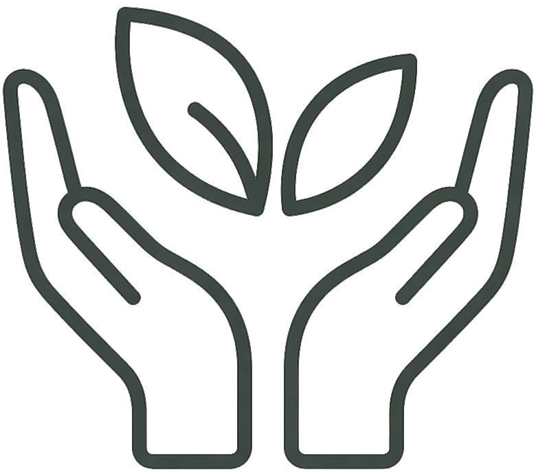 Outline of two hands holding two leaves on a white background