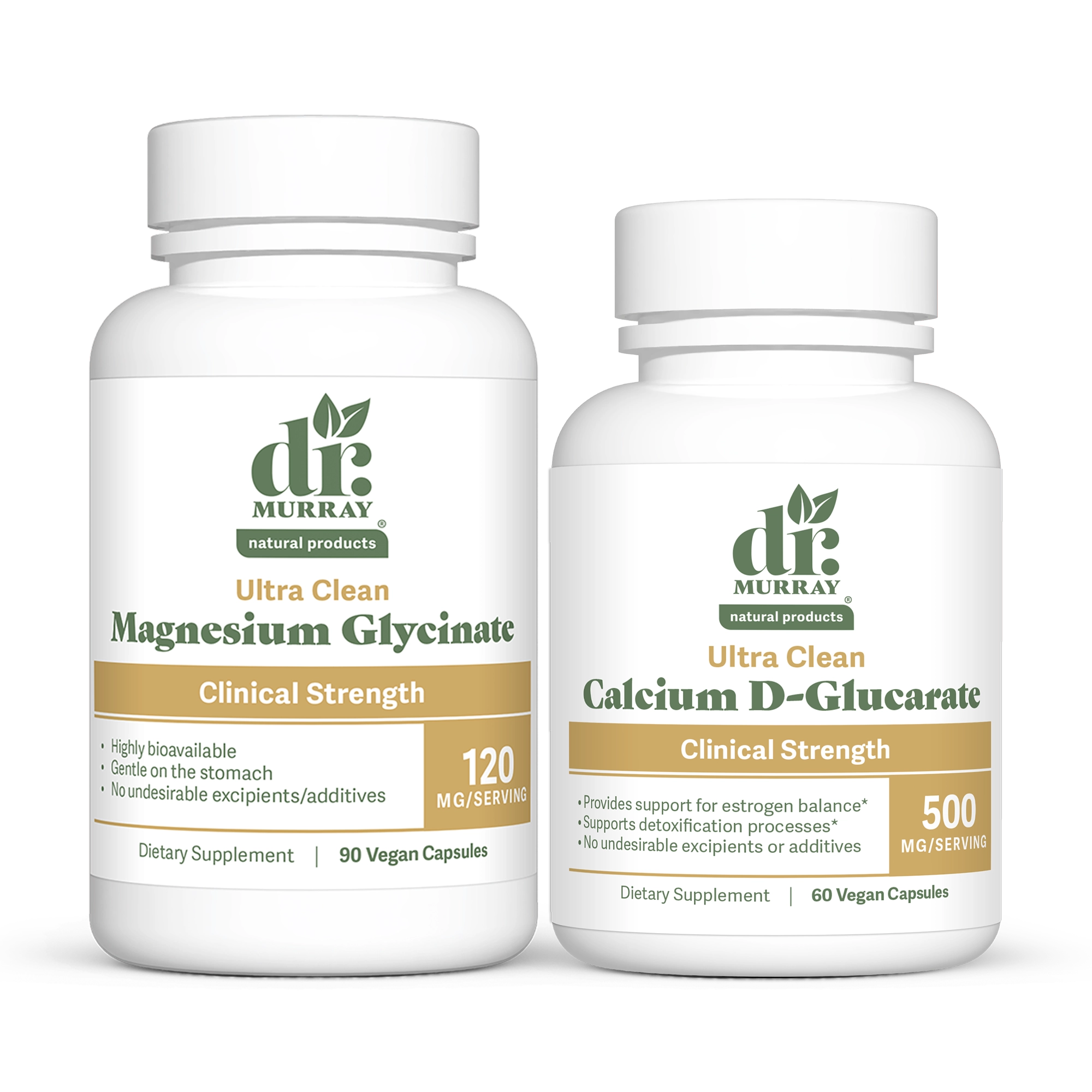 Dr. Murray's Magnesium Glycinate and Calcium D-Glucarate side-by-side against a white background