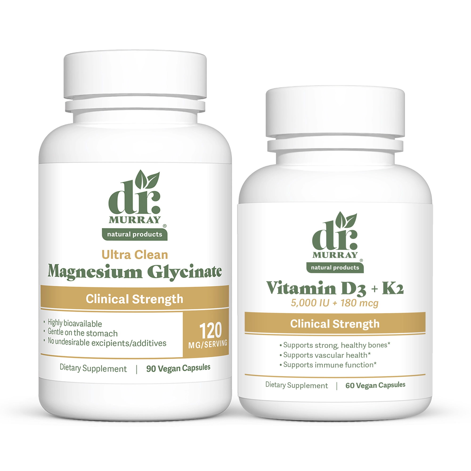 Dr. Murray's Magnesium Glycinate and Vitamin D3 K2 side-by-side against a white background