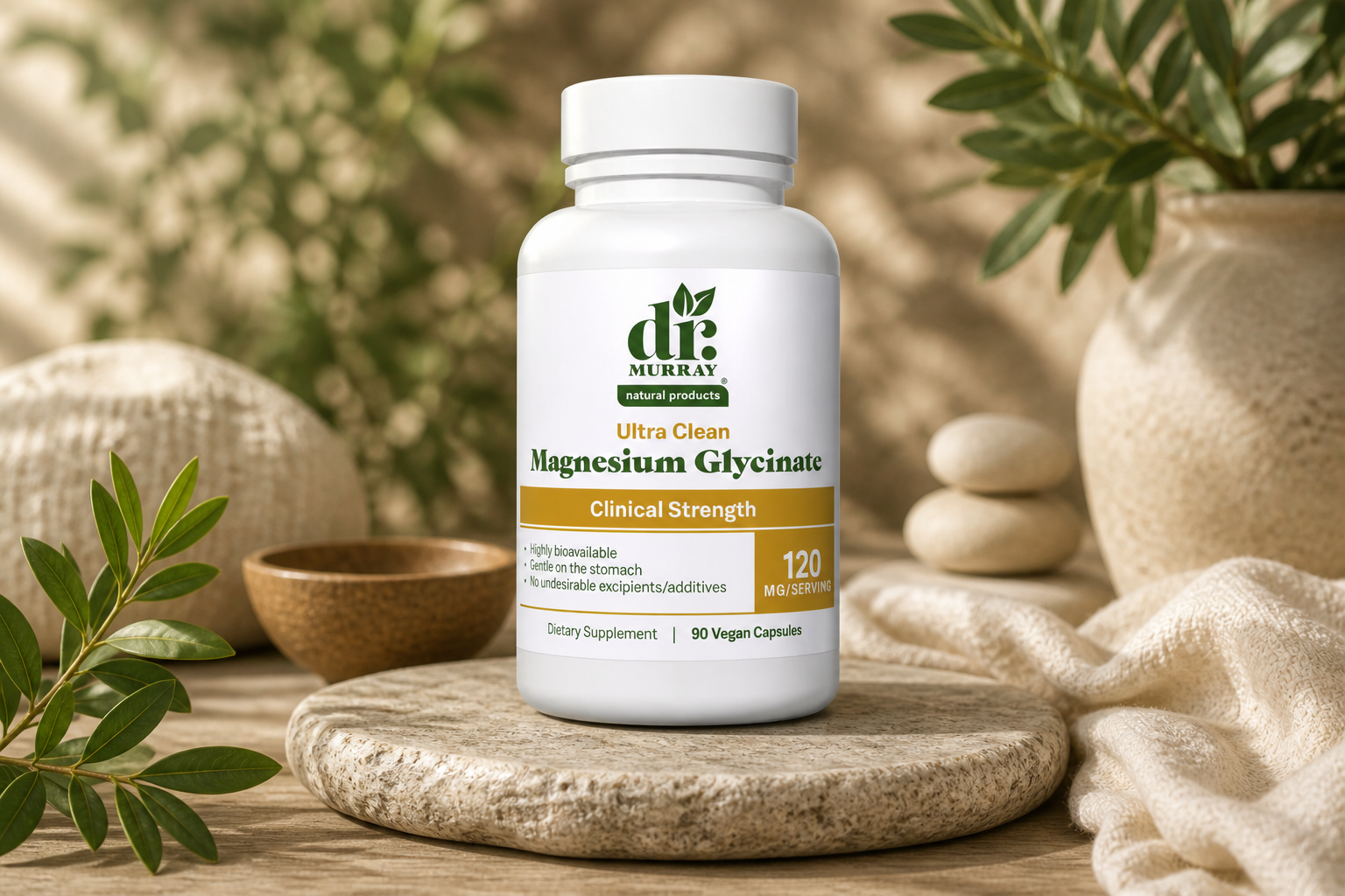 Bottle of Ultra Clean Magnesium Glycinate on a wooden surface with natural elements in the background