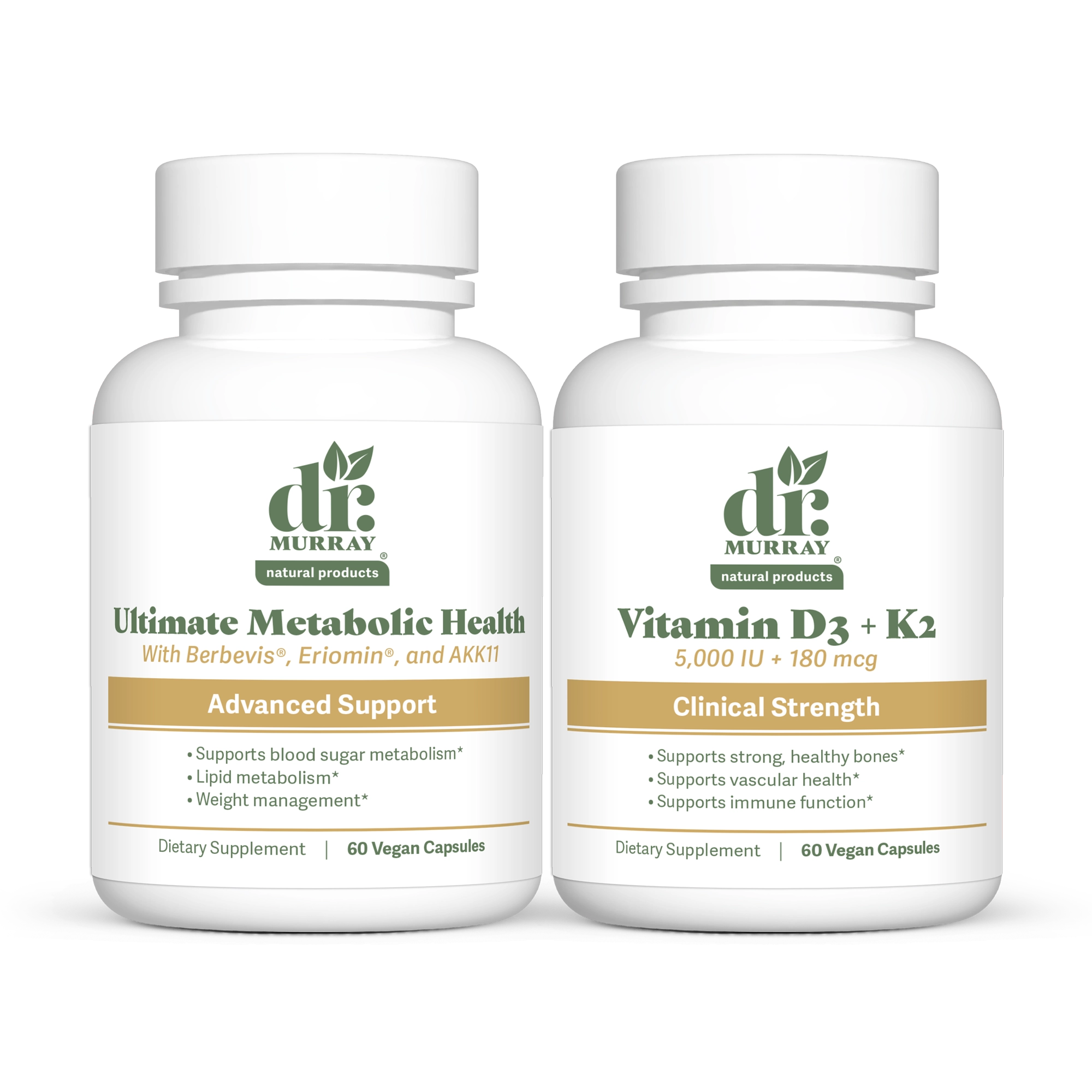 Dr. Murray's Natural Products Ultimate Metabolic Health and Vitamin D3 & K2 bottles shown side by side on a plain white background.