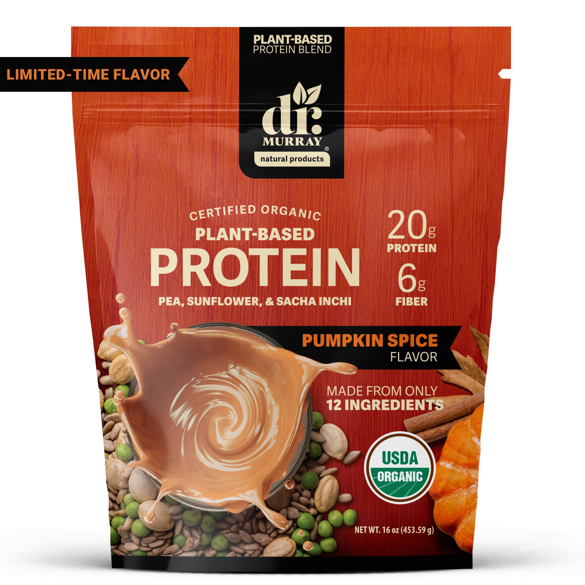 Dr. Murray Natural Products plant-based protein pumpkin spice powder pouch, front, Limited-Time Flavor