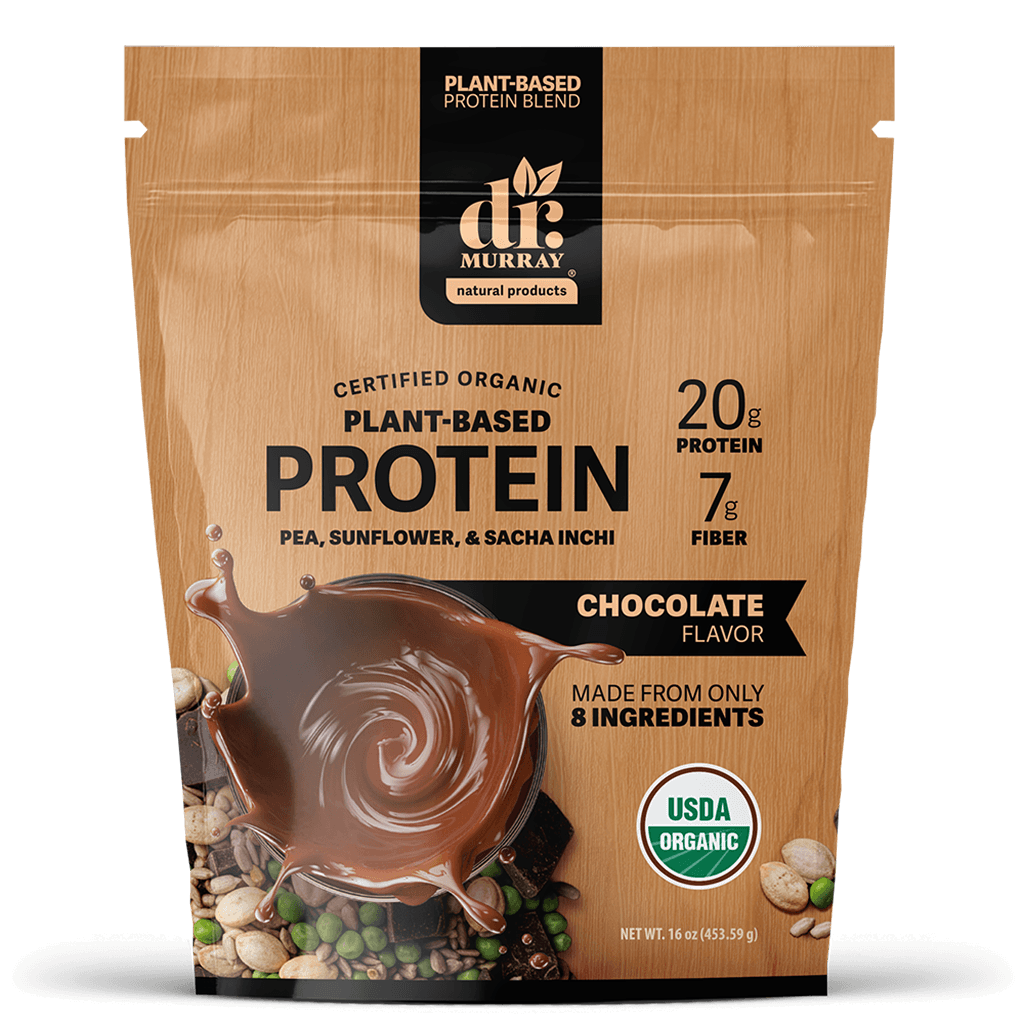 Dr. Murray plant-based protein package with chocolate flavor on a wooden background